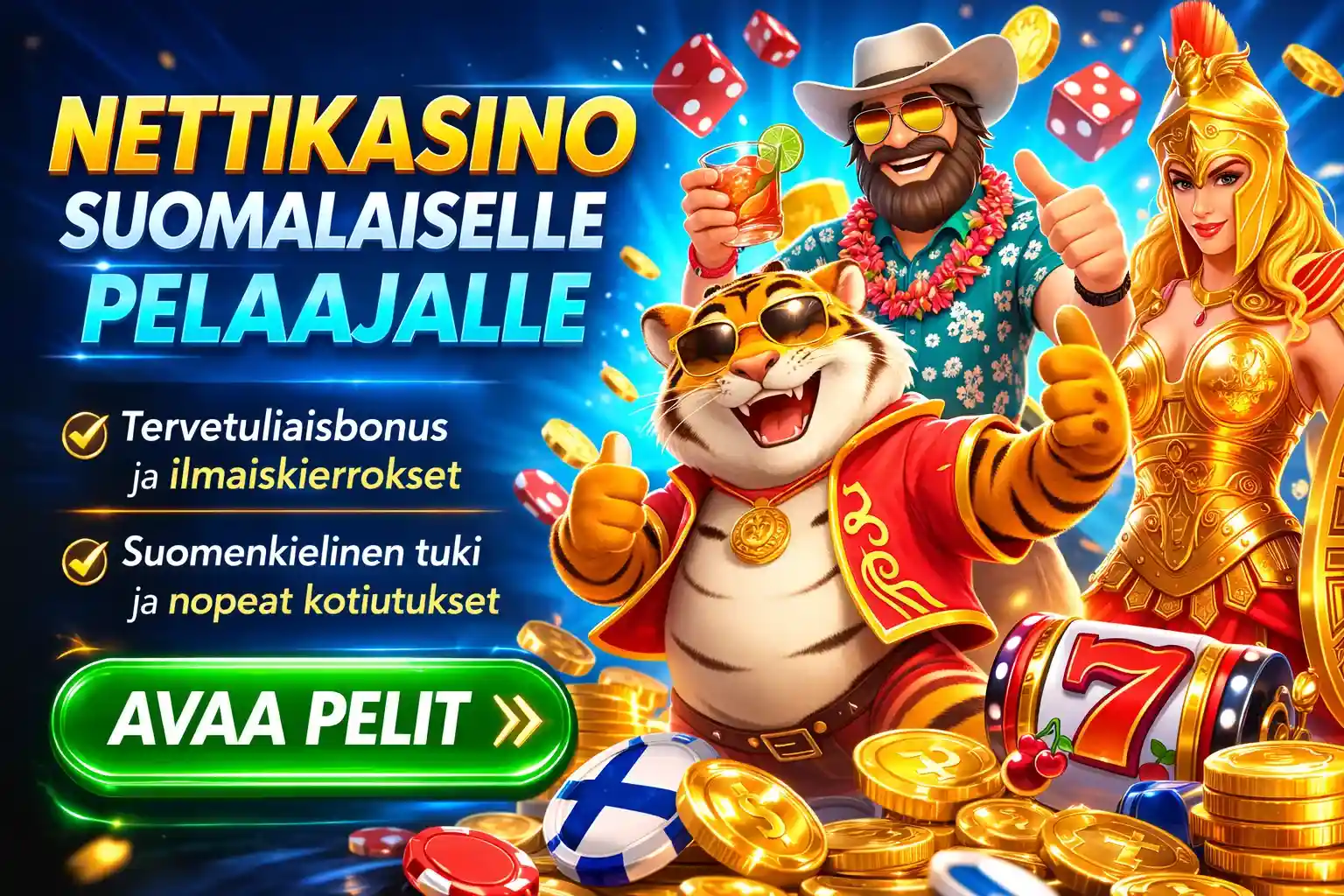 Värikäs nettikasino banneri suomalaiselle pelaajalle bonuksilla ja kasinopeleillä