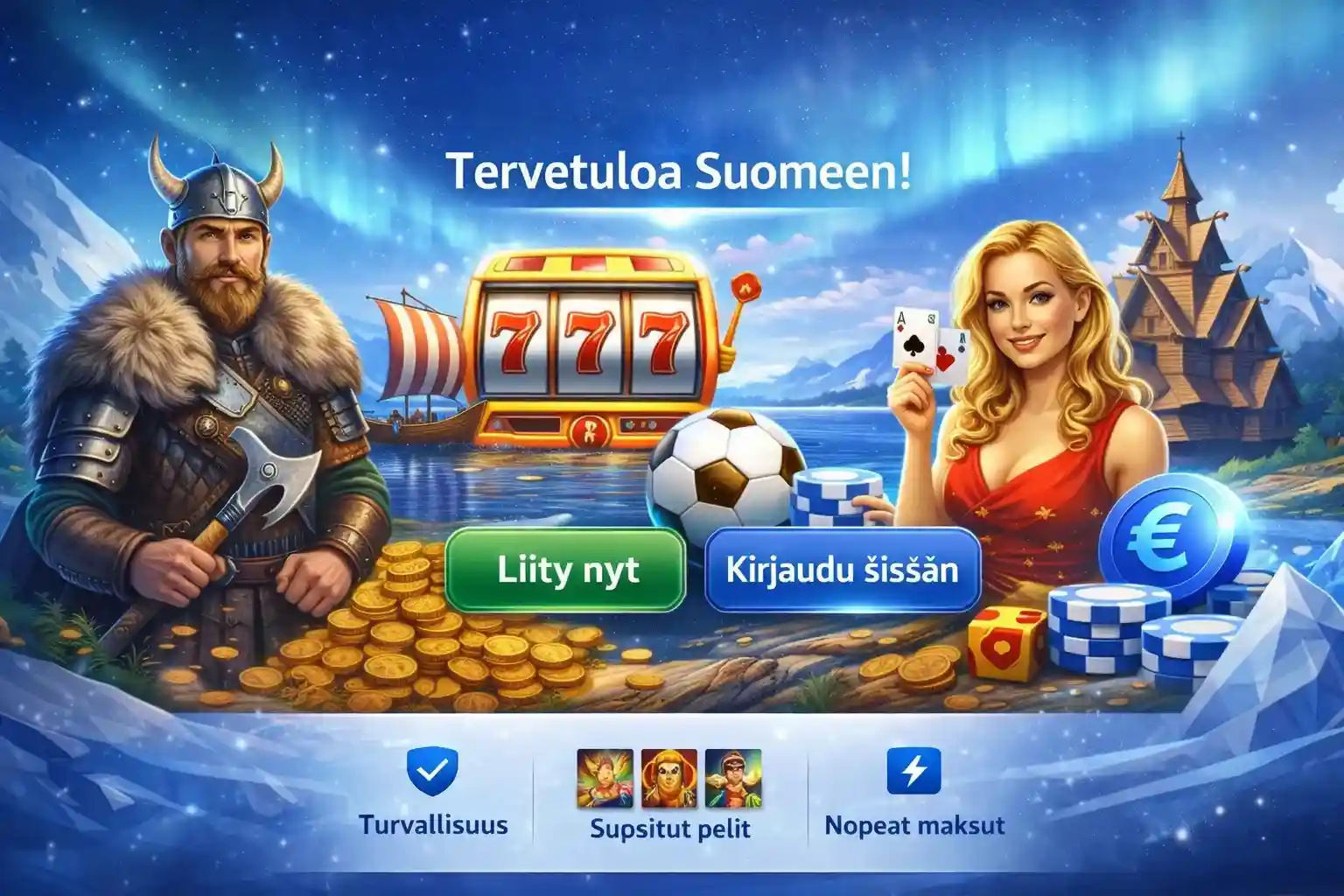 Suomalainen nettikasino maisema viikinki slotilla ja kasinopelien symboleilla
